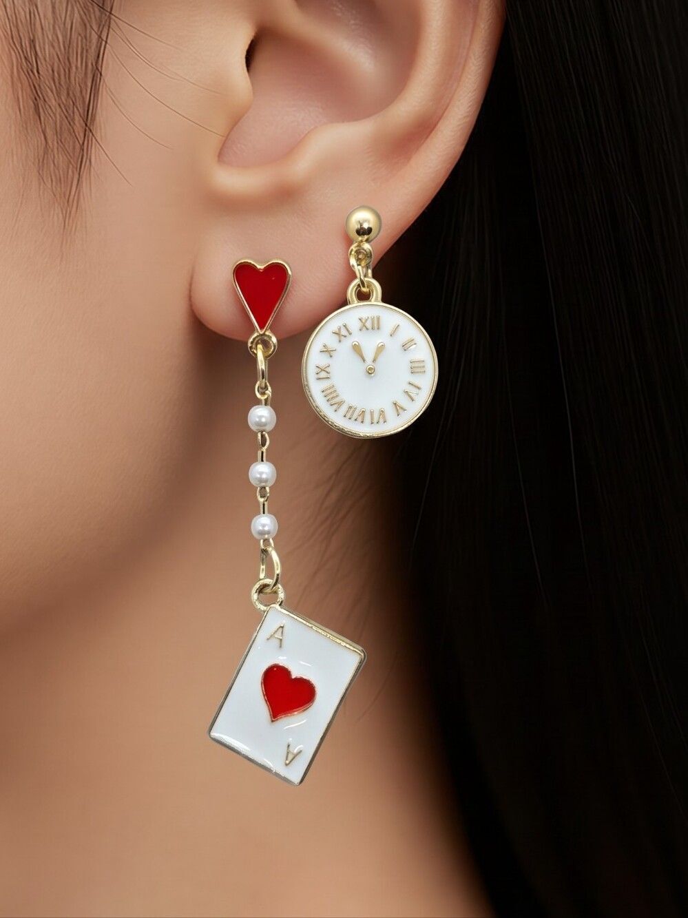 Playing Card Watch Mismatched Earrings – Alice in Wonderland Statement Whimsical